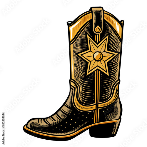Stylized cowboy boot with intricate flame design and spur wrapped in barbed wire