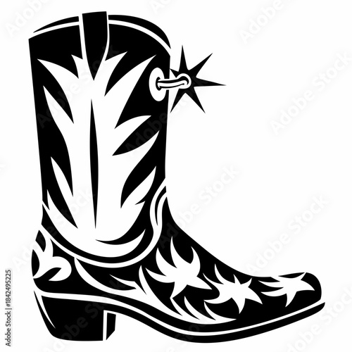 Stylized cowboy boot with intricate flame design and spur wrapped in barbed wire
