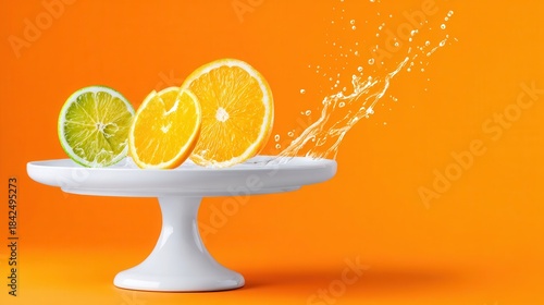 Citrus slices with splashing water on vibrant orange background
