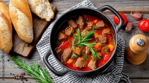 Hearty beef stew in black pot with fresh herbs bread on wooden table