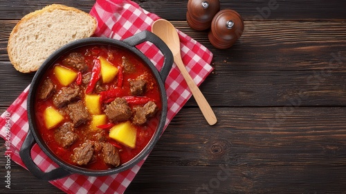 Hearty beef stew with potatoes peppers on rustic table