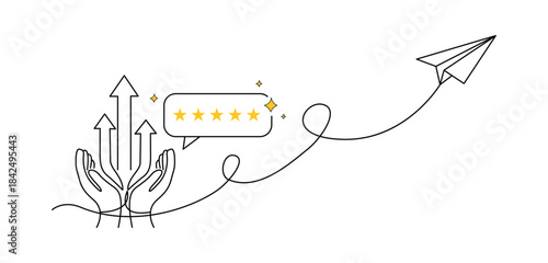 Positive feedback grows and flies like a paper airplane from caring hands to symbolize success and great review.