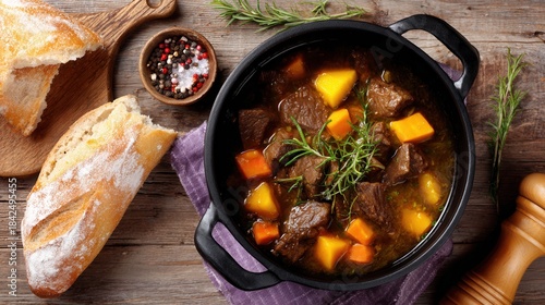 Hearty beef stew with vegetables bread on rustic table