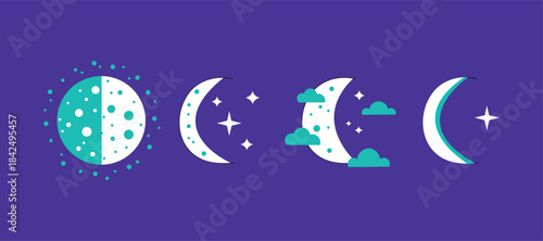 Phases of the moon and stars, from full moon to crescent, illustrating the lunar cycle against a dark purple background.