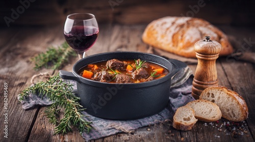Hearty beef stew with red wine bread on rustic wooden table