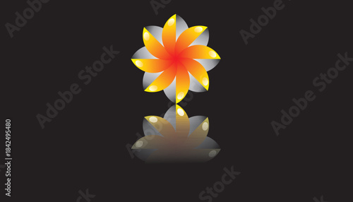Yellow and orange abstract gradient flower with reflection on dark background