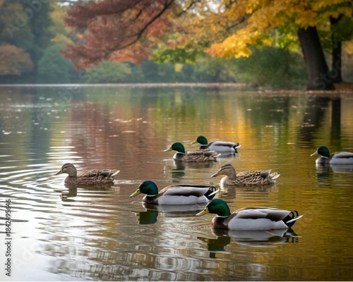Wild ducks swimming in park in lake. Fall nature