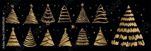 Christmas gold tree on black hand drawn illustrations.