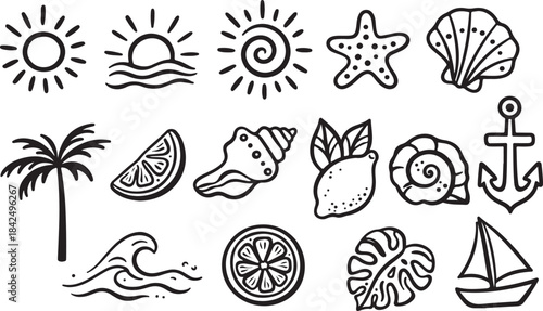 Summer illustration graphic elements, hand drawn doodles, icon or sticker set line art line art black and white