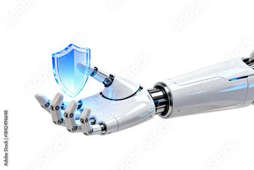 Robotic hand holding a glowing security shield on transparent background, ideal png clipart for cybersecurity, data protection, privacy policies, tech infographics and web landing pages.