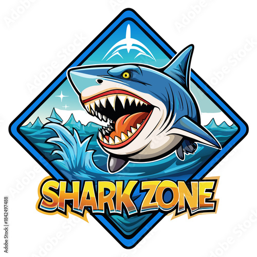 Fierce cartoon shark with open mouth and sharp teeth erupting from ocean waves, in a vibrant badge design.