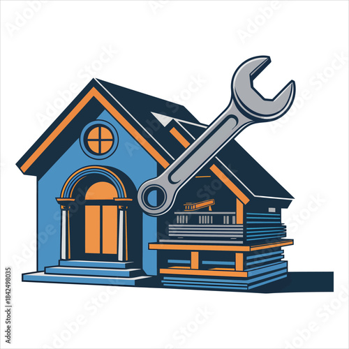 Detailed illustration of a colorful house with a large grey wrench symbolizing home repair services