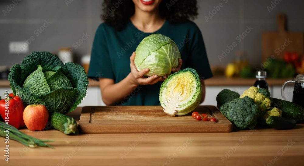 Fototapeta premium Woman holding cabbage and preparing fresh vegetables on wooden countertop