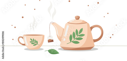 Tea time illustration with teapot and cup for relaxation and herbal tea break concept design vector