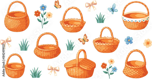 Watercolor baskets clip art set, hand drawn spring easter basket graphics for scrapbooking and design