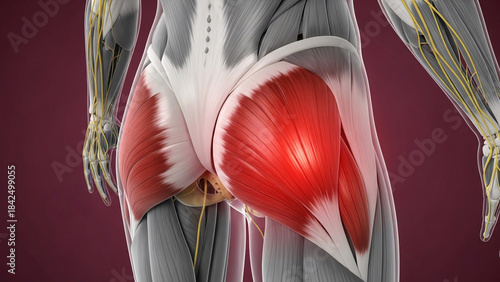 Detailed 3d anatomical illustration of the gluteal muscles with a highlighted area of pain or inflammation