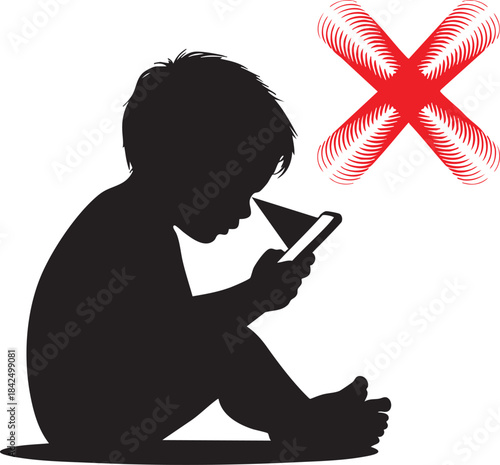 A child engrossed in a smartphone with a radiating pattern above their head