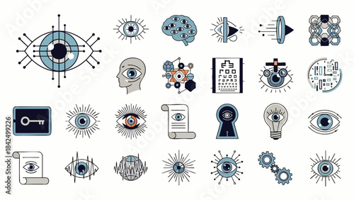 Collection of abstract futuristic eye icons representing vision technology, artificial intelligence, and data analysis concepts.