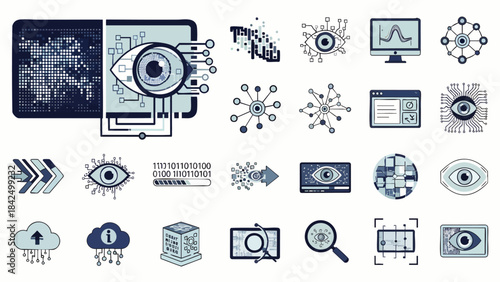 Collection of modern digital icons representing artificial intelligence, data analysis, and cybersecurity with a futuristic aesthetic.
