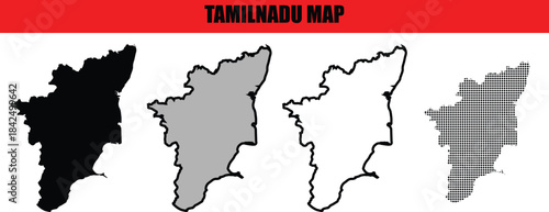 Tamil Nadu Map Silhouette Outline Vector Set of India State Isolated on White Background