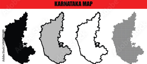 Karnataka Map Vector Set with Outline and Silhouette Styles Isolated on White Background