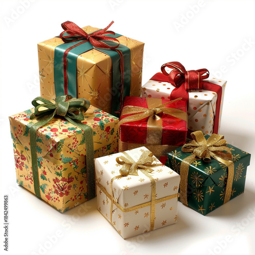 Colorful luxurious Christmas gift boxes isolated on white background