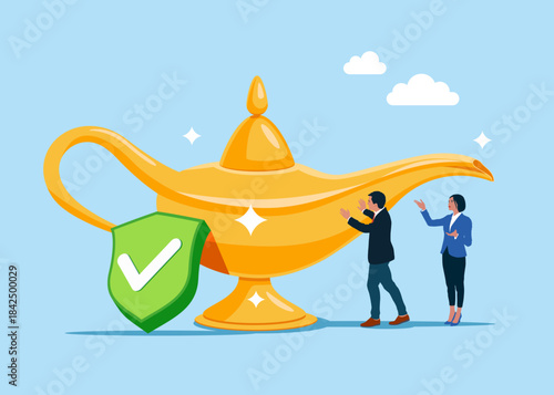 Businessman rubbing magic lamp with green shield with check mark. Business, Company, Funds, gold. Successful validation and verification process. Flat vector illustration.