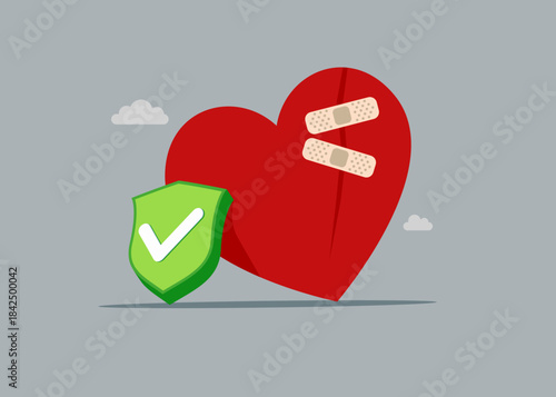 Heart shape and green shield with check mark. Move on or forget and forgive, open for new relationship, heal heart broken. Vector flat illustration