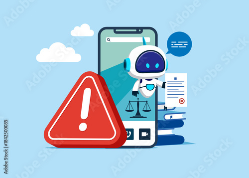 Big smartphone  with exclamation attention sign, justice and law application for consulting. Distrust, bad reputation artificial intelligence technology. Online legal advice. Flat vector illustration