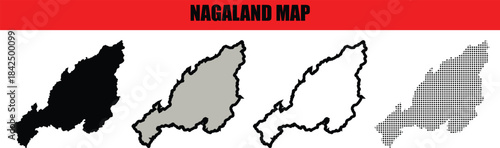 Nagaland State Map Vector Illustration with Black, Gray, and Outline Styles Isolated on White