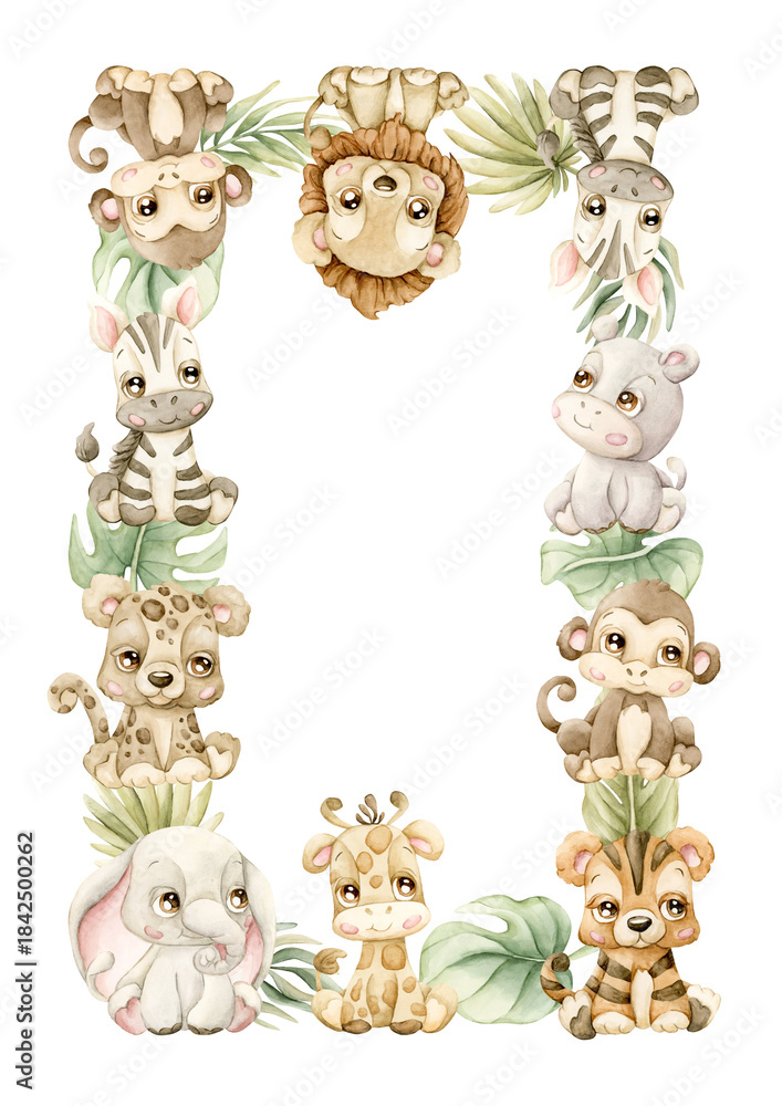 Fototapeta premium Cute Animals Plants Frame. Safari Jungle Tropical Exotic leaves Watercolor hand painted summer pastel neutral isolated illustration on white background for nursery kids baby shower card logo label