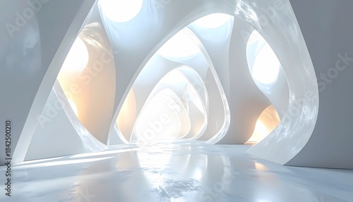 Fototapeta Naklejka Na Ścianę i Meble -  Futuristic Abstract White Interior Design with Organic Shapes and Bright Light.