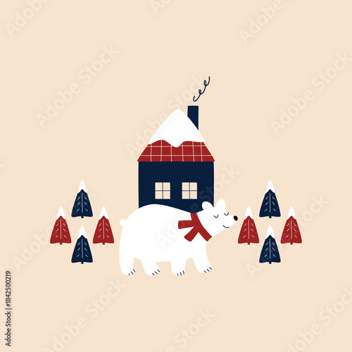 Cute polar bear and winter house in the forest hand drawn vector illustration. Adorable Christmas poster in flat style for kids.