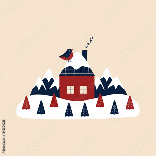 Cute bullfinch bird and winter house in the mountains hand drawn vector illustration. Adorable Christmas poster in flat style for kids.