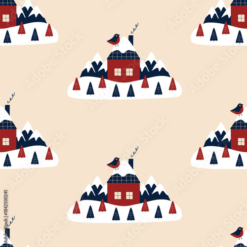 Cute bullfinch bird and winter house in the mountains hand drawn vector illustration. Adorable Christmas seamless pattern for kids fabric or wallpaper.