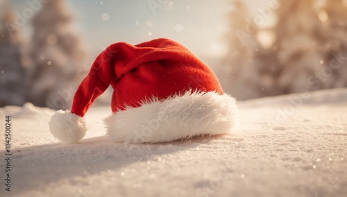 Resting red Santa hat with white trim, pom-pom on snow at forest edge, snowflakes and bokeh