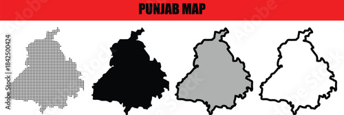 Punjab Map Vector Silhouette Outline Set India Isolated on White Background