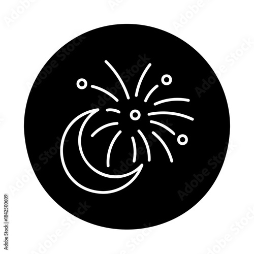 Fireworks and crescent moon