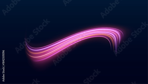 Neon pink and purple arcs swirl across a dark background, representing dynamic flows of digital energy. Glowing particles accentuate motion. Perfect for cyberpunk or sci-fi graphics.