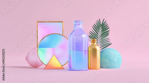 Geometric pastel composition with glass bottles palm leaf