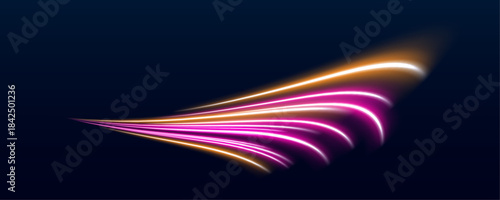 Pink and yellow curves ripple across a dark background like molten energy waves, creating a sense of acceleration. Bright edges highlight movement. Perfect for tech and futuristic visuals.
