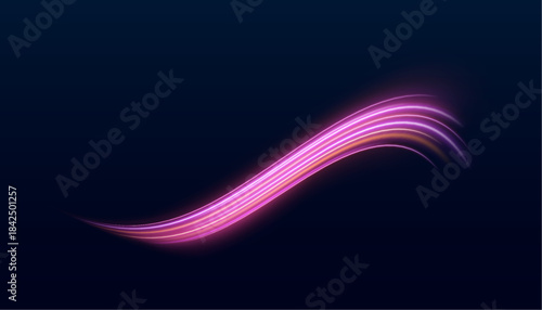Purple and violet light ribbons flow in twisting, fluid patterns across black space. Glowing particles emphasize motion. Ideal for cyberpunk and futuristic designs. 