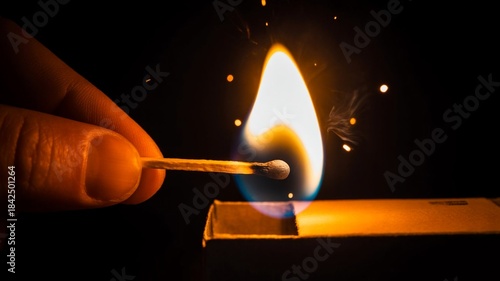 Light a match in the dark, closeup. Strike a matchstick