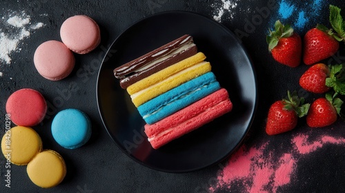 Colorful macarons strawberries on black plate