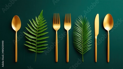 Elegant gold cutlery with green leaves on dark background