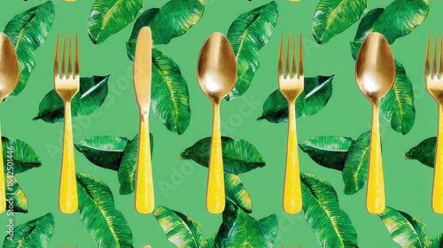 Gold cutlery pattern with tropical green leaves background