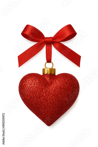 Beautiful Red Glittering Heart Ornament with Satin Ribbon, Perfect for Romantic Decorations and Celebrations of Love and Affection in Various Occasions