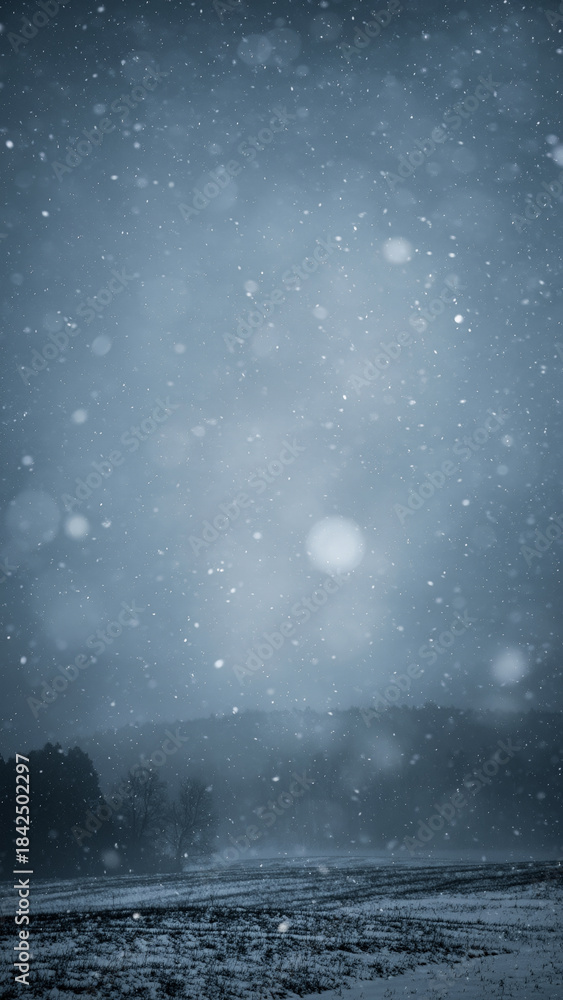 Fototapeta premium snowy landscape with falling snow and distant silhouettes of trees.