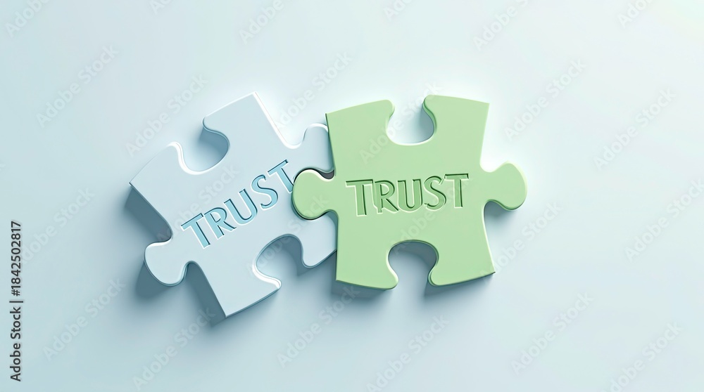 Fototapeta premium Two interlocking puzzle pieces lying flat on a smooth surface together forming the word TRUST.