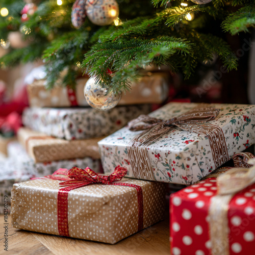 Close-Up Christmas Presents Under a Festive Tree